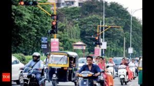 AI-driven smart traffic lights with sensors at a busy roadside junction near Jhunjhunu