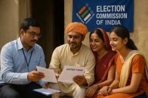 "मतदाता सूची सत्यापन करते हुए BLO अधिकारी — ग्रामीण भारत में घर-घर अभियान"