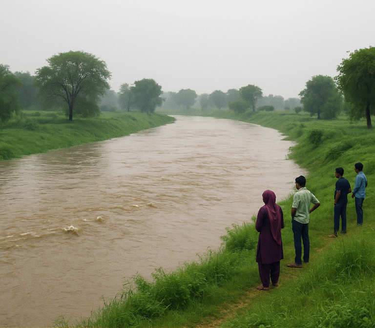 कतली नदी झुंझुनूं में बारिश से भर गई – ग्रामीण किनारे पर खड़े होकर बहाव देख रहे हैं