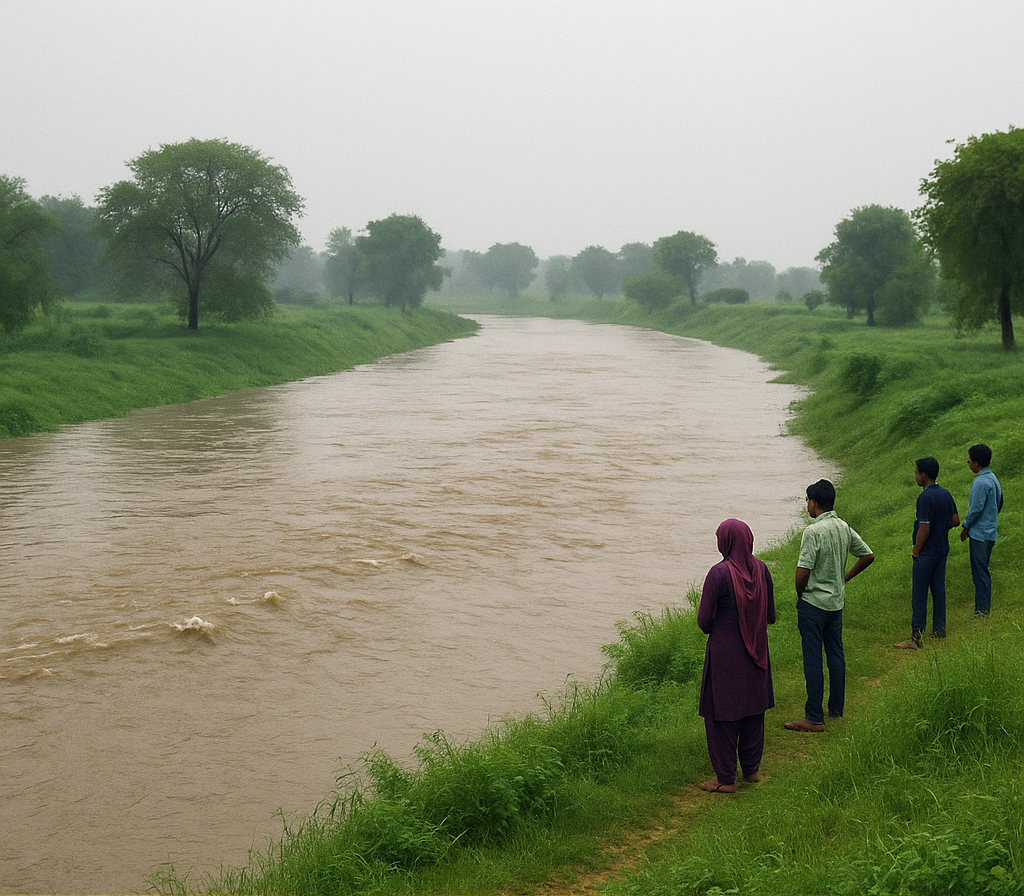 कतली नदी झुंझुनूं में बारिश से भर गई – ग्रामीण किनारे पर खड़े होकर बहाव देख रहे हैं
