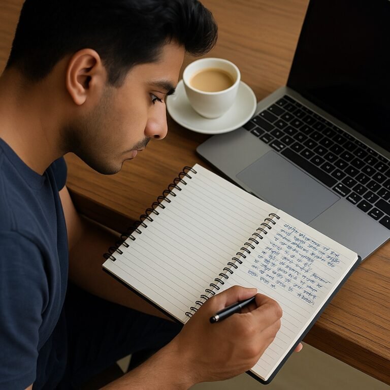 वित्तीय योजना की डायरी पढ़ता हुआ युवा