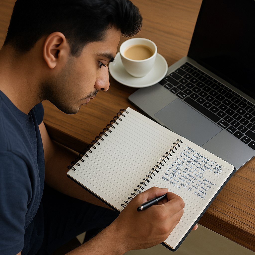 वित्तीय योजना की डायरी पढ़ता हुआ युवा