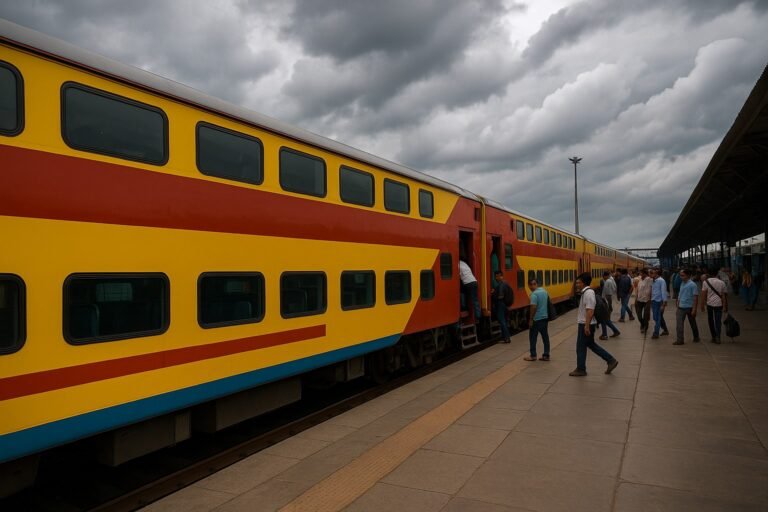 जयपुर प्लेटफार्म पर खड़ी डबल डेकर ट्रेन जिसमें यात्री चढ़ रहे हैं