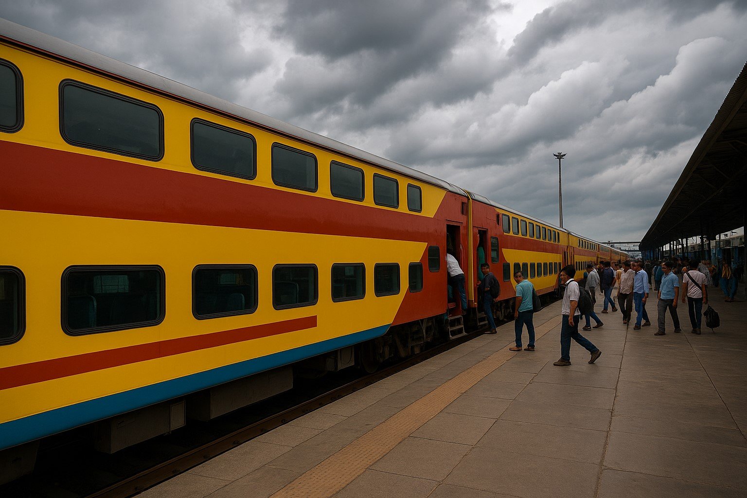 जयपुर प्लेटफार्म पर खड़ी डबल डेकर ट्रेन जिसमें यात्री चढ़ रहे हैं