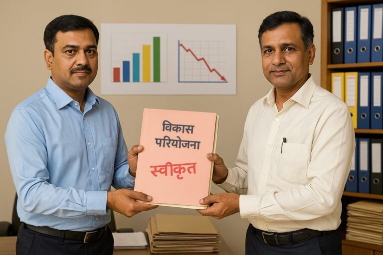 “राजस्थान सरकार की नई तेज़ स्वीकृति प्रणाली के तहत विकास परियोजना की फाइल सौंपते अधिकारी”