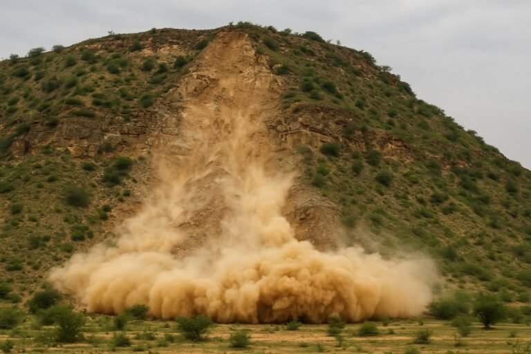 झुंझुनूं जिले के चिड़ावा में पहाड़ धंसने का दृश्य, जुलाई 2025, धूल का गुबार और अवैध खनन की आशंका