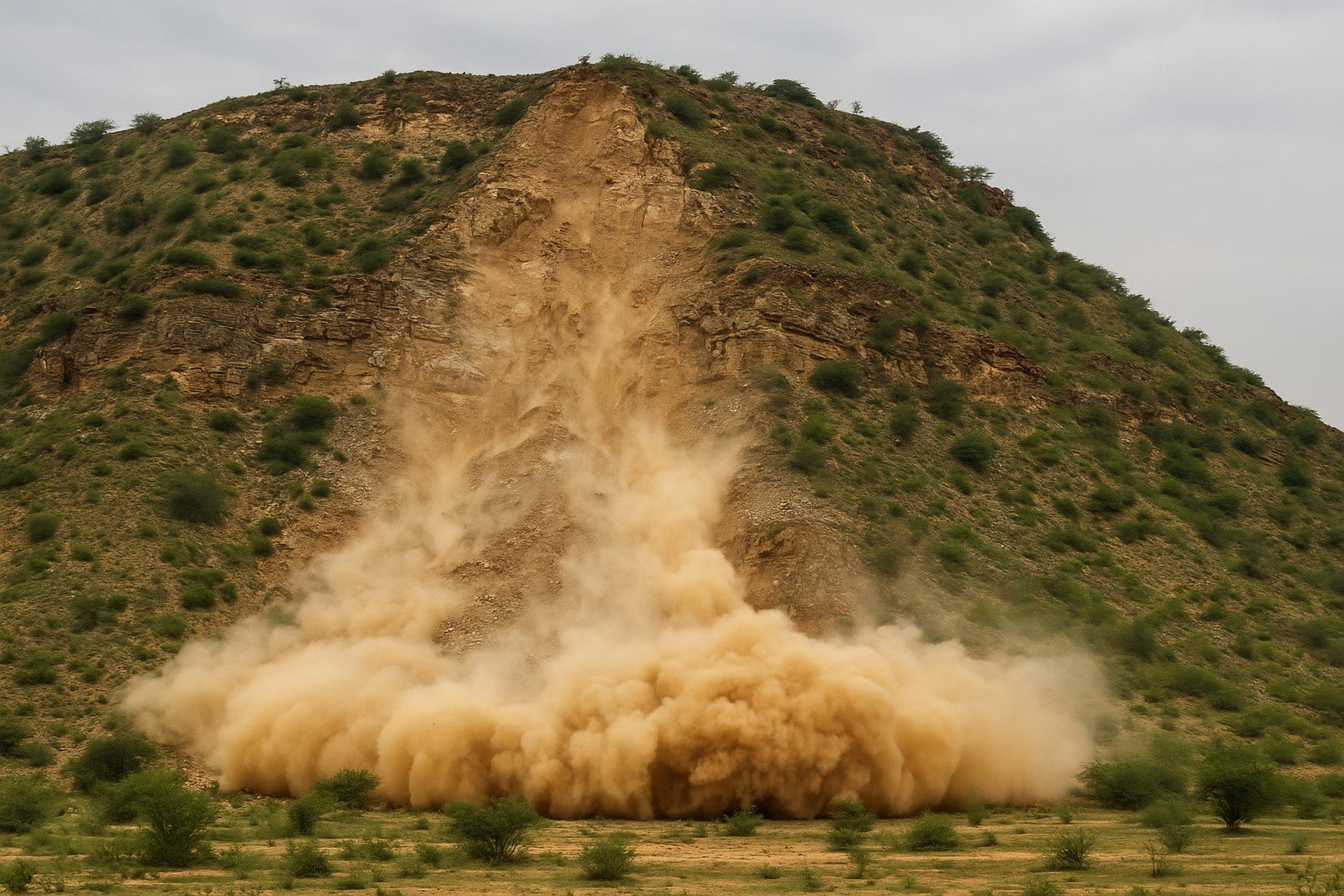 झुंझुनूं जिले के चिड़ावा में पहाड़ धंसने का दृश्य, जुलाई 2025, धूल का गुबार और अवैध खनन की आशंका