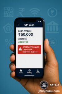 “भारतीय व्यक्ति UPI ऐप में लोन स्क्रीन देखता हुआ, स्क्रीन पर उपयोग की सीमा या चेतावनी दर्शाती हुई — NPCI नियमों के अनुसार।”