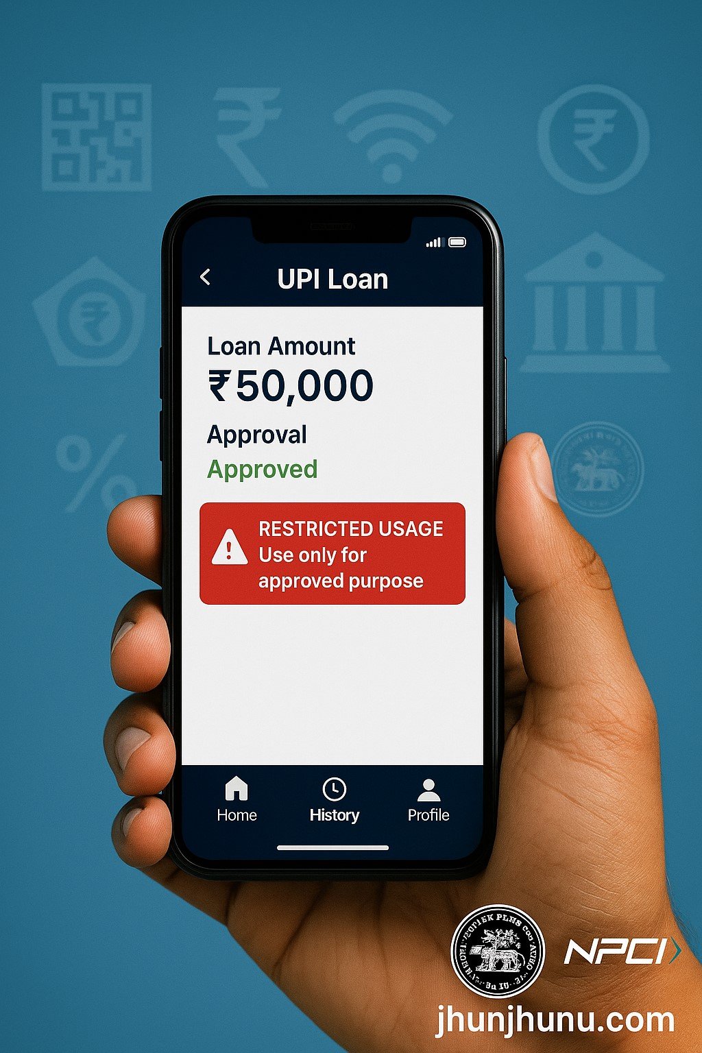 “भारतीय व्यक्ति UPI ऐप में लोन स्क्रीन देखता हुआ, स्क्रीन पर उपयोग की सीमा या चेतावनी दर्शाती हुई — NPCI नियमों के अनुसार।”