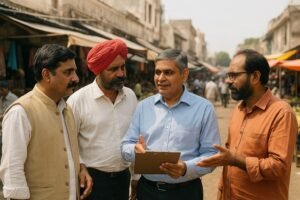 व्यापारी नई नीति पर चर्चा करते हुए, पीछे स्थानीय बाजार का दृश्य