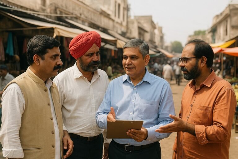 व्यापारी नई नीति पर चर्चा करते हुए, पीछे स्थानीय बाजार का दृश्य