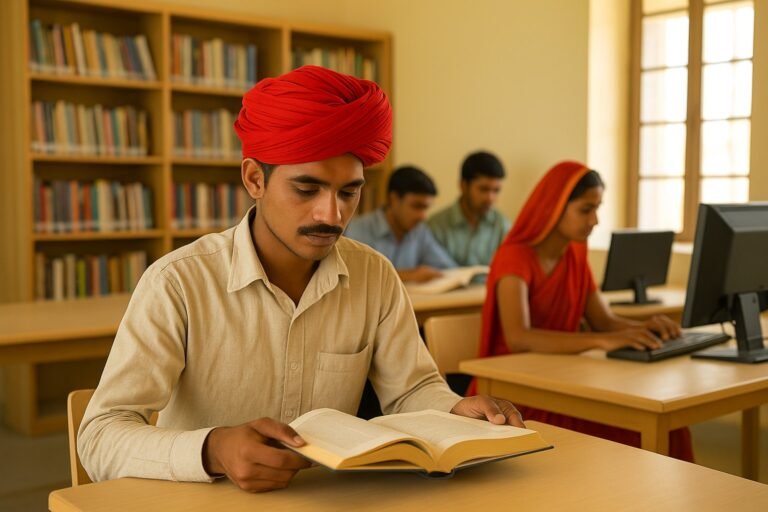 झुंझुनूं गांव के अटल ज्ञान केंद्र में पढ़ते हुए युवा – पुस्तकों और कंप्यूटर के साथ