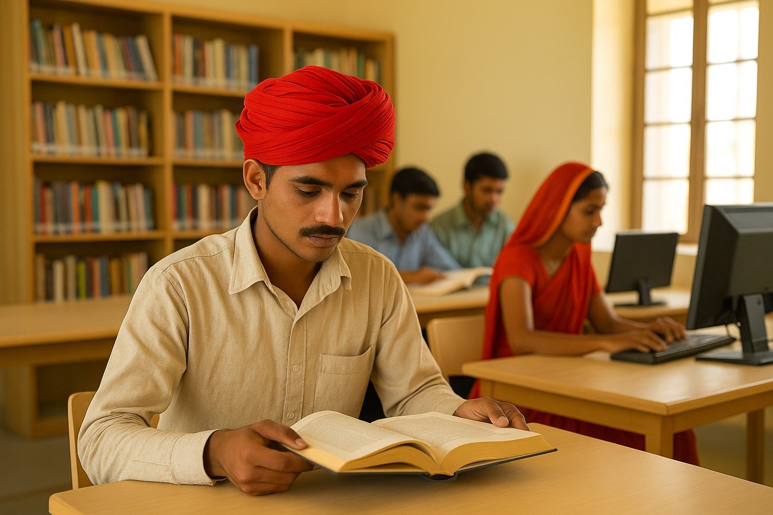 झुंझुनूं गांव के अटल ज्ञान केंद्र में पढ़ते हुए युवा – पुस्तकों और कंप्यूटर के साथ