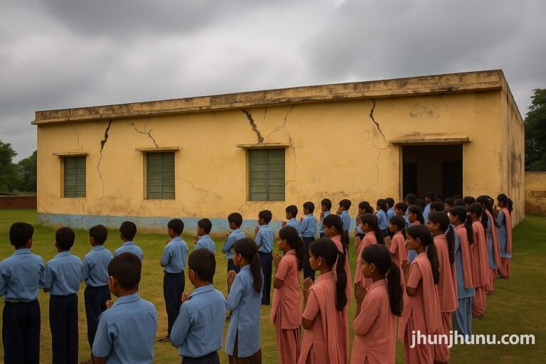 “Rajasthan rural government school building with visible damage, children gathered outside for morning prayer — July 2025”