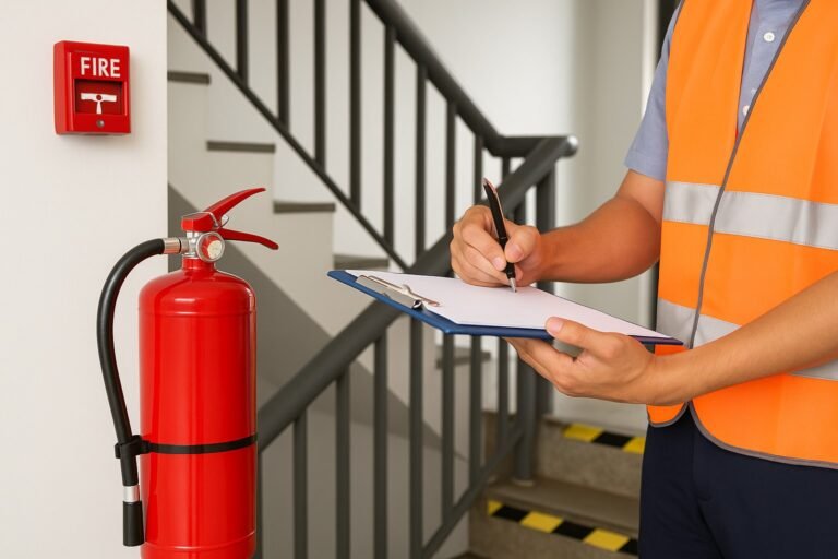 थर्ड पार्टी एजेंसी फायर सुरक्षा उपकरणों की जांच करती हुई