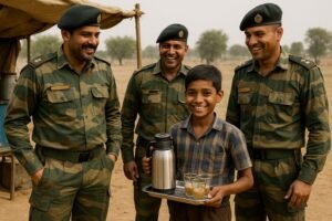 सैनिकों को चाय पिलाता एक ग्रामीण बच्चा, साथ खड़े जवान