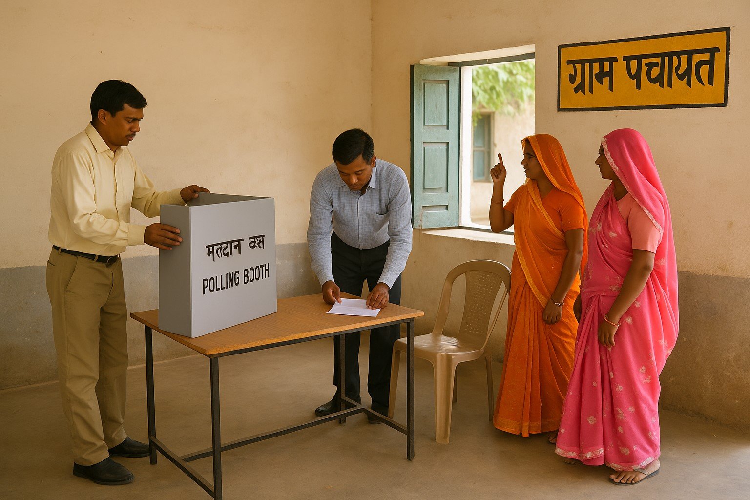 राजस्थान पंचायत चुनाव की तैयारी करते कर्मचारी – झुंझुनूं के ग्रामीण क्षेत्र में मतदान केंद्र