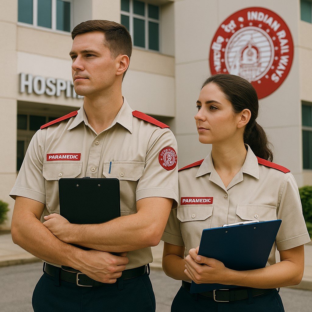 रेलवे अस्पताल परिसर में खड़े दो पैरामेडिकल स्टाफ — भर्ती की प्रतीकात्मक तस्वीर (झुंझुनूं, जुलाई 2025)