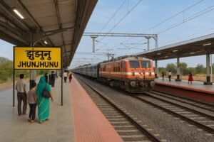 झुंझुनूं रेलवे स्टेशन पर यात्रियों के साथ इलेक्ट्रिफाइड प्लेटफॉर्म – जुलाई 2025