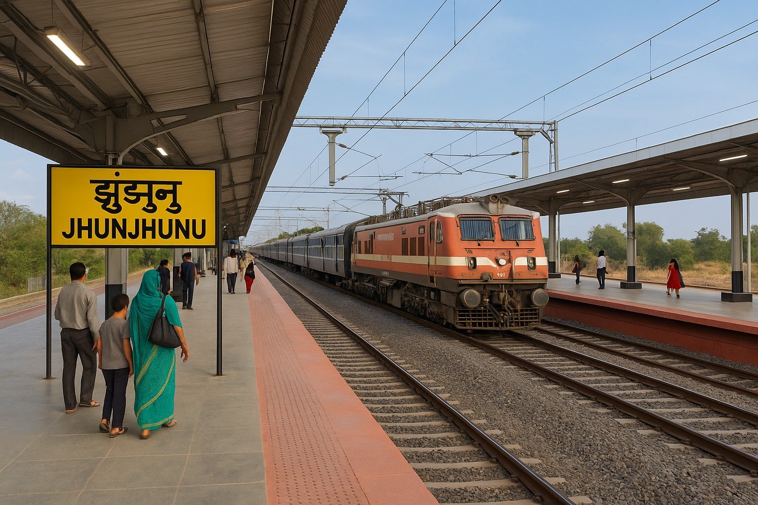 झुंझुनूं रेलवे स्टेशन पर यात्रियों के साथ इलेक्ट्रिफाइड प्लेटफॉर्म – जुलाई 2025