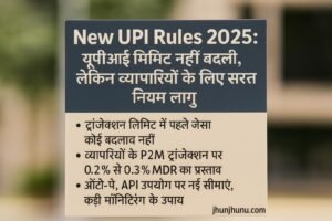 "Digital banner in Hindi displaying 'New UPI Rules 2025' with key updates and transaction guidelines, featuring icons of mobile payments and banks."