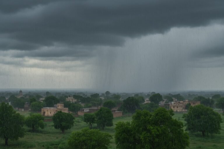 झुंझुनूं में घने बादलों और तेज बारिश का दृश्य, येलो अलर्ट की चेतावनी के साथ