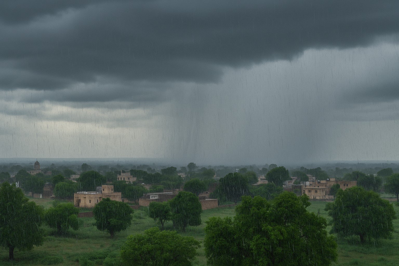 झुंझुनूं में घने बादलों और तेज बारिश का दृश्य, येलो अलर्ट की चेतावनी के साथ