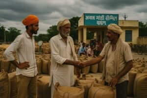 झुंझुनूं मंडी में फसलें बेचते किसान, बरसात के मौसम में मंडी में गतिविधि