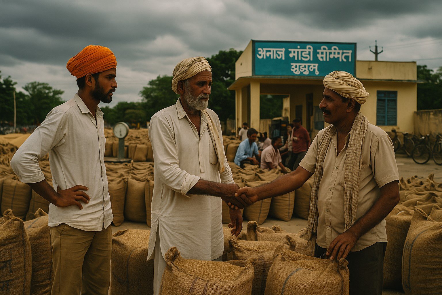 झुंझुनूं मंडी में फसलें बेचते किसान, बरसात के मौसम में मंडी में गतिविधि
