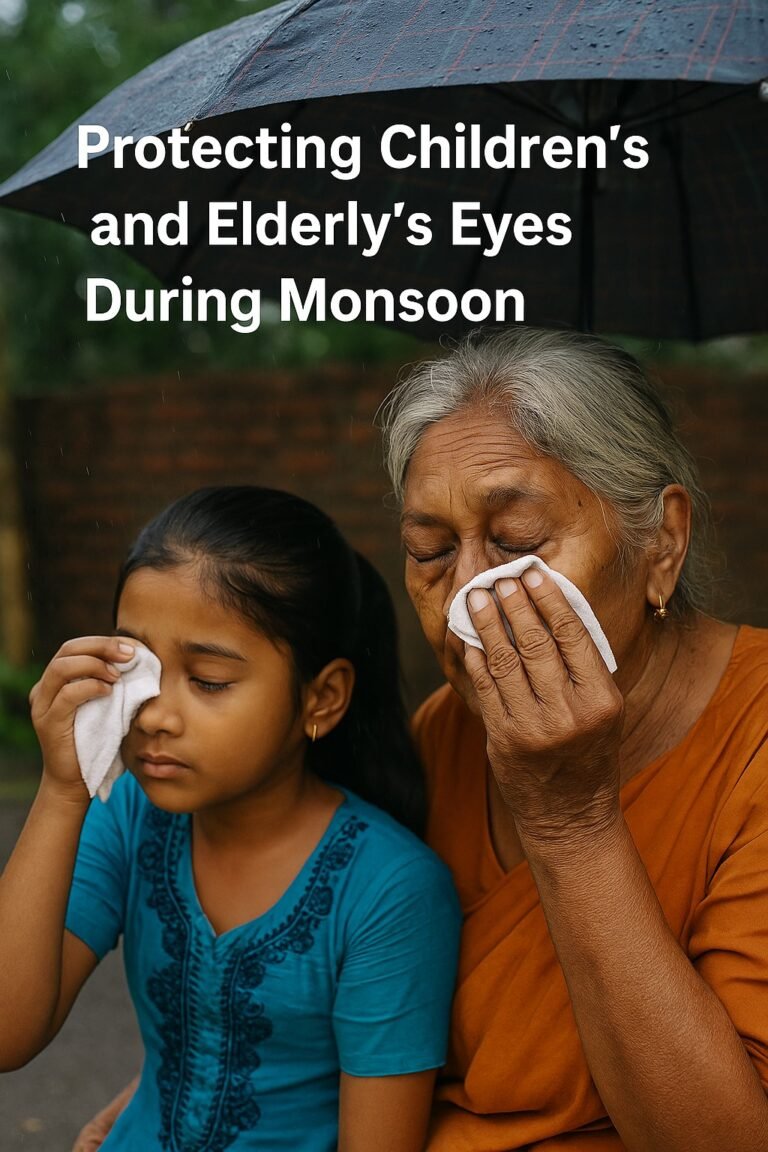 Child and senior citizen cleaning eyes carefully during rainy season in India