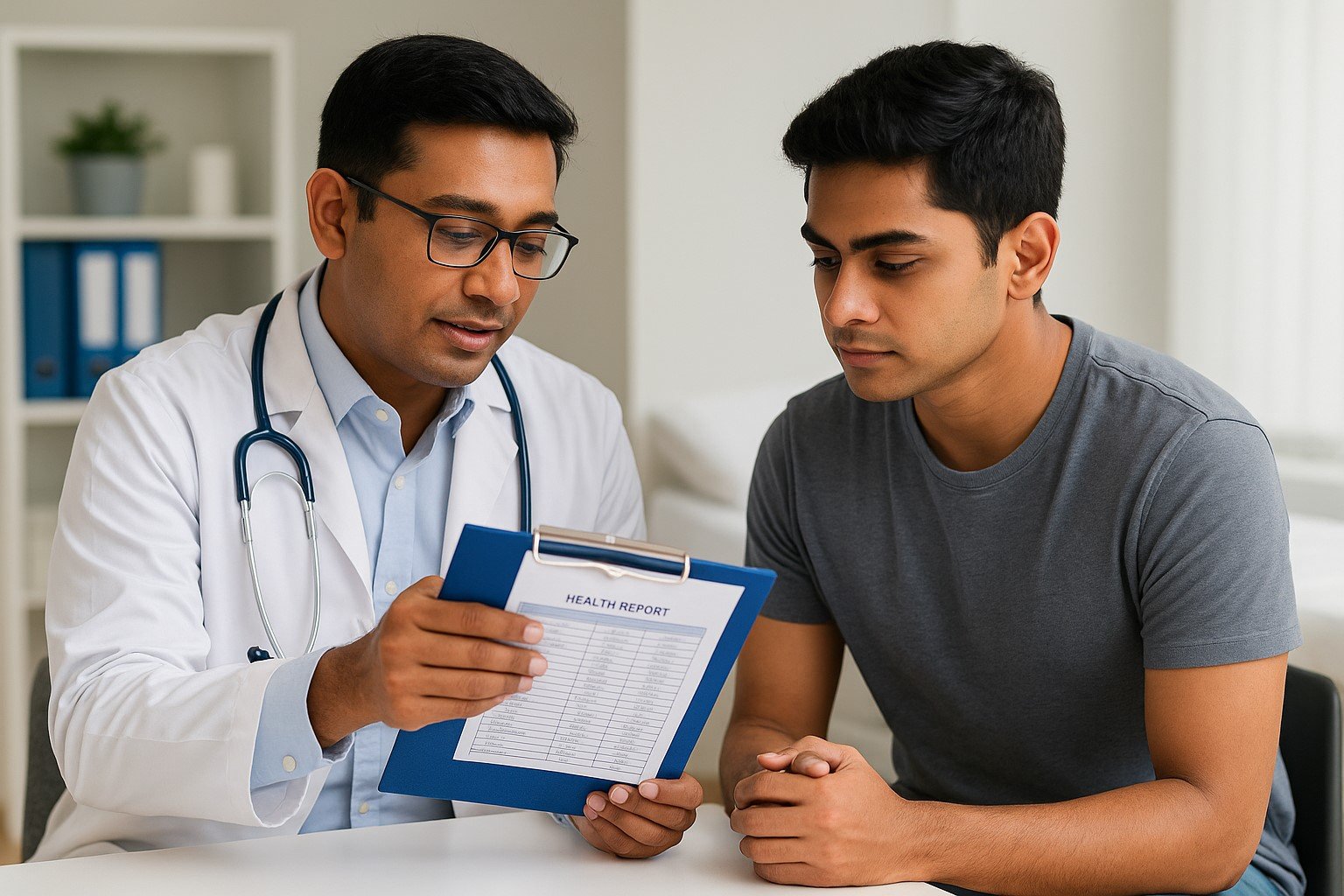Indian doctor showing health report to a young man in clinic for routine health check-up