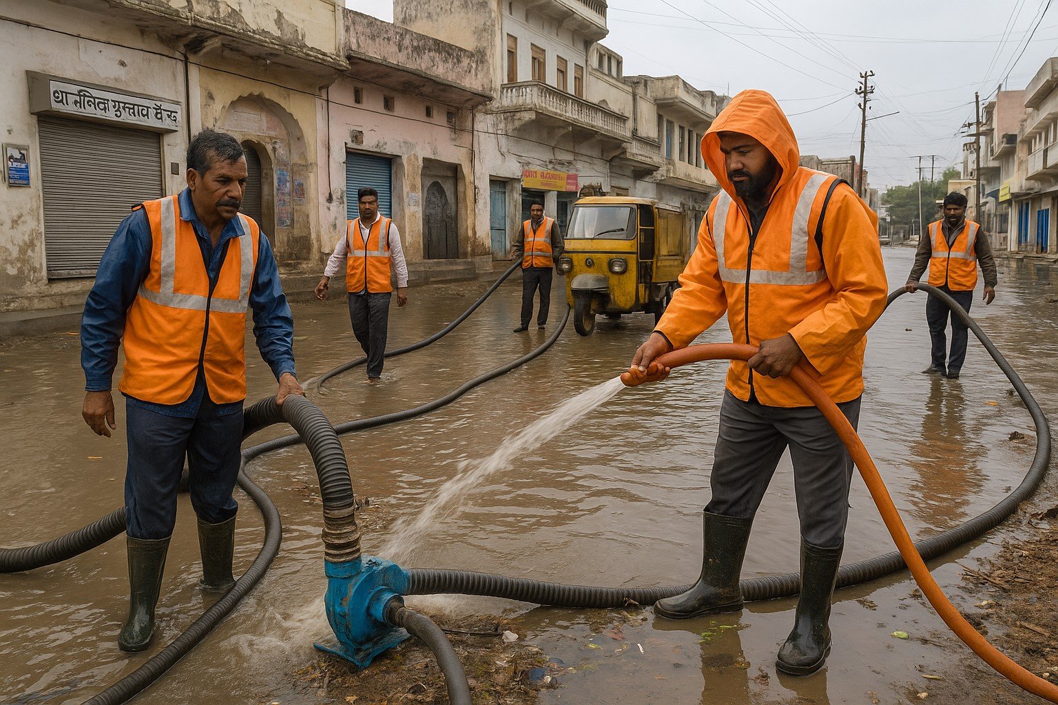 Municipal workers clearing rainwater and garbage from streets in Nawalgarh after heavy rainfall