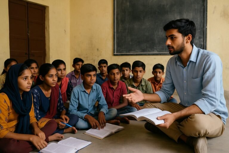 Young volunteer teaching poor students for free in Jhunjhunu classroom as part of youth education campaign