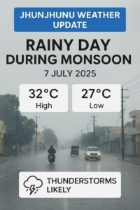 Overcast skies and light rain on a main road in Jhunjhunu, July 2025