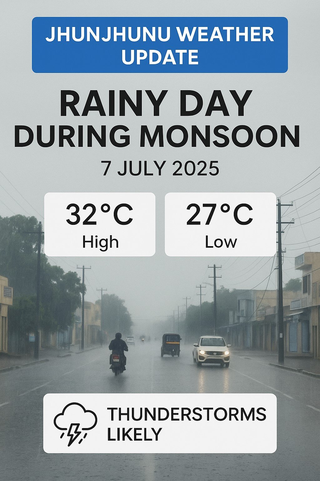 Overcast skies and light rain on a main road in Jhunjhunu, July 2025