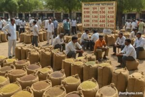 “झुंझुनूं मंडी में सरसों, मूंग, ग्वार के थैले और किसानों की खरीद-बिक्री का दृश्य — 18 जुलाई 2025 के ताज़ा भाव।”