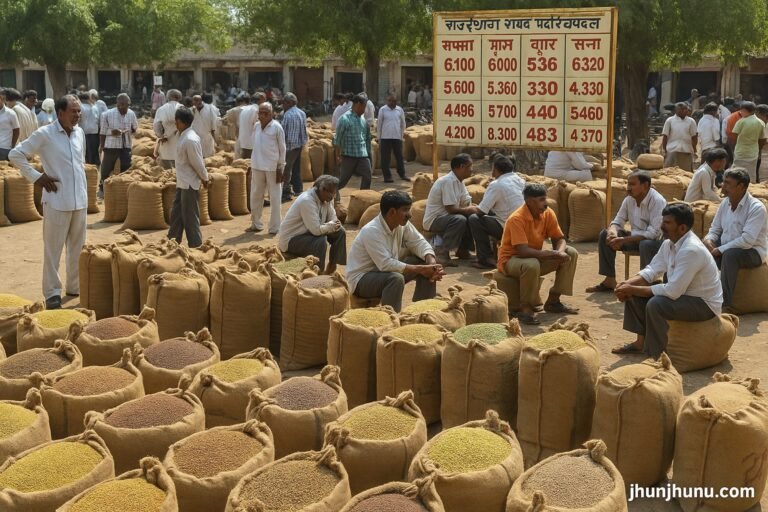 “झुंझुनूं मंडी में सरसों, मूंग, ग्वार के थैले और किसानों की खरीद-बिक्री का दृश्य — 18 जुलाई 2025 के ताज़ा भाव।”