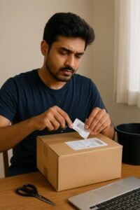 ऑर्डर बॉक्स से व्यक्तिगत जानकारी हटाता ग्राहक