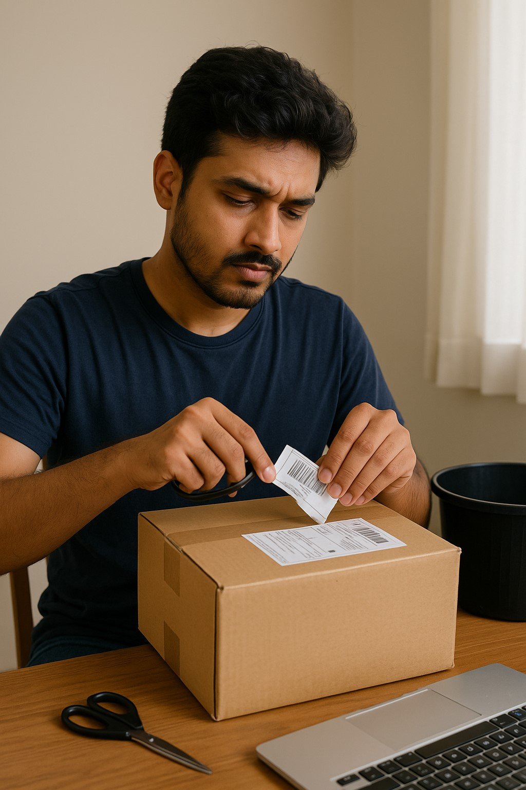 ऑर्डर बॉक्स से व्यक्तिगत जानकारी हटाता ग्राहक