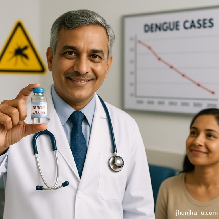“भारतीय डॉक्टर डेंगू वैक्सीन की शीशी दिखाते हुए, पीछे मच्छर से सावधान करने वाला चिन्ह और स्वास्थ्य चार्ट — डेंगू से राहत का संदेश देता दृश्य।”