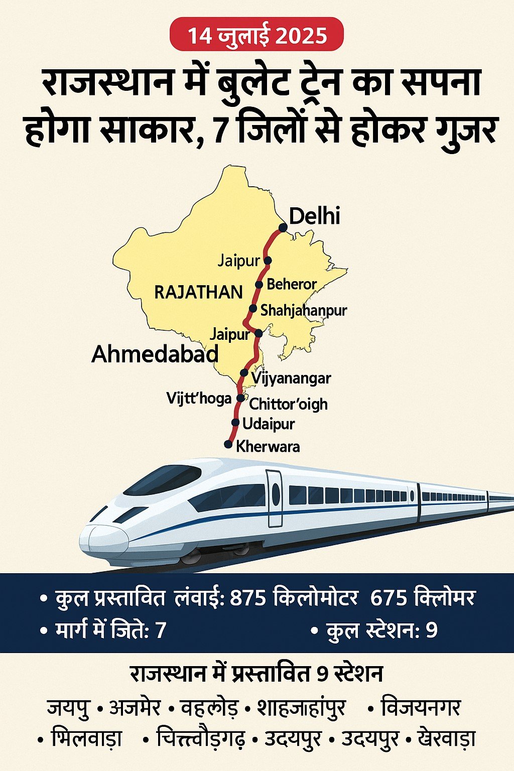 दिल्ली-अहमदाबाद बुलेट ट्रेन का राजस्थान से गुजरता हुआ प्रस्तावित नक्शा