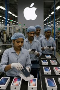 भारत में बने iPhone पैक करते हुए श्रमिक