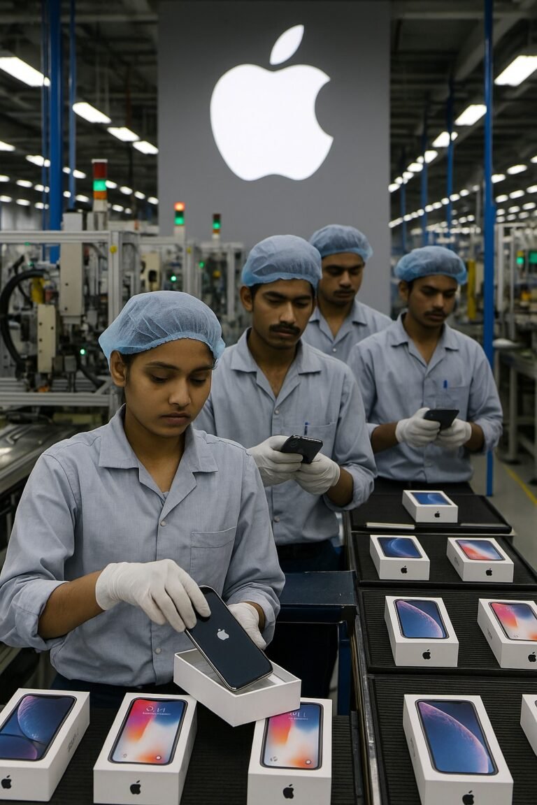 भारत में बने iPhone पैक करते हुए श्रमिक