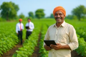“भारतीय किसान खेत में योजनाओं की जानकारी लेते हुए – धन-धान्य कृषि योजना 2025 के तहत”