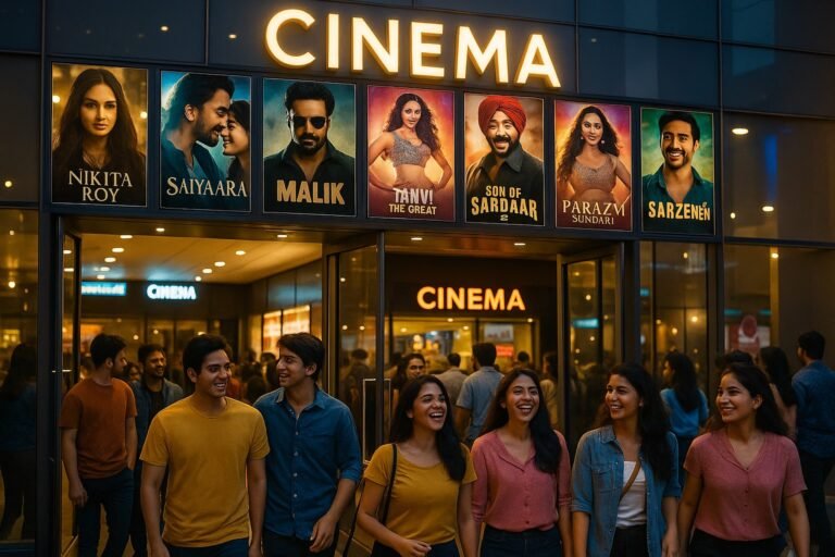 "भारतीय युवा सिनेमाघर में प्रवेश करते हुए, पोस्टर्स में छह नई फिल्मों की झलक और बॉलीवुड का उत्साह दर्शाते हुए"