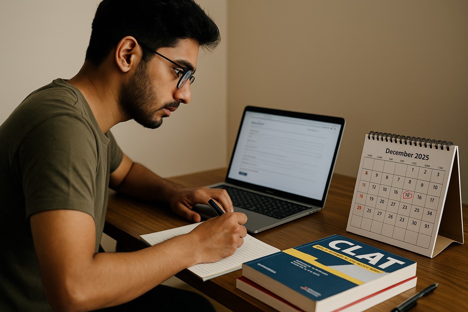 CLAT 2026 के लिए आवेदन करता छात्र और डेस्क पर परीक्षा सामग्री