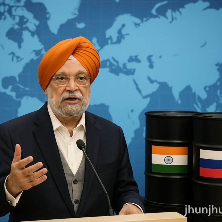 “भारत के तेल मंत्री ऊर्जा सम्मेलन में बोलते हुए, पीछे तेल के ड्रम और भारत-रूस के झंडे — वैश्विक ऊर्जा आपूर्ति और रणनीति को दर्शाता दृश्य।”