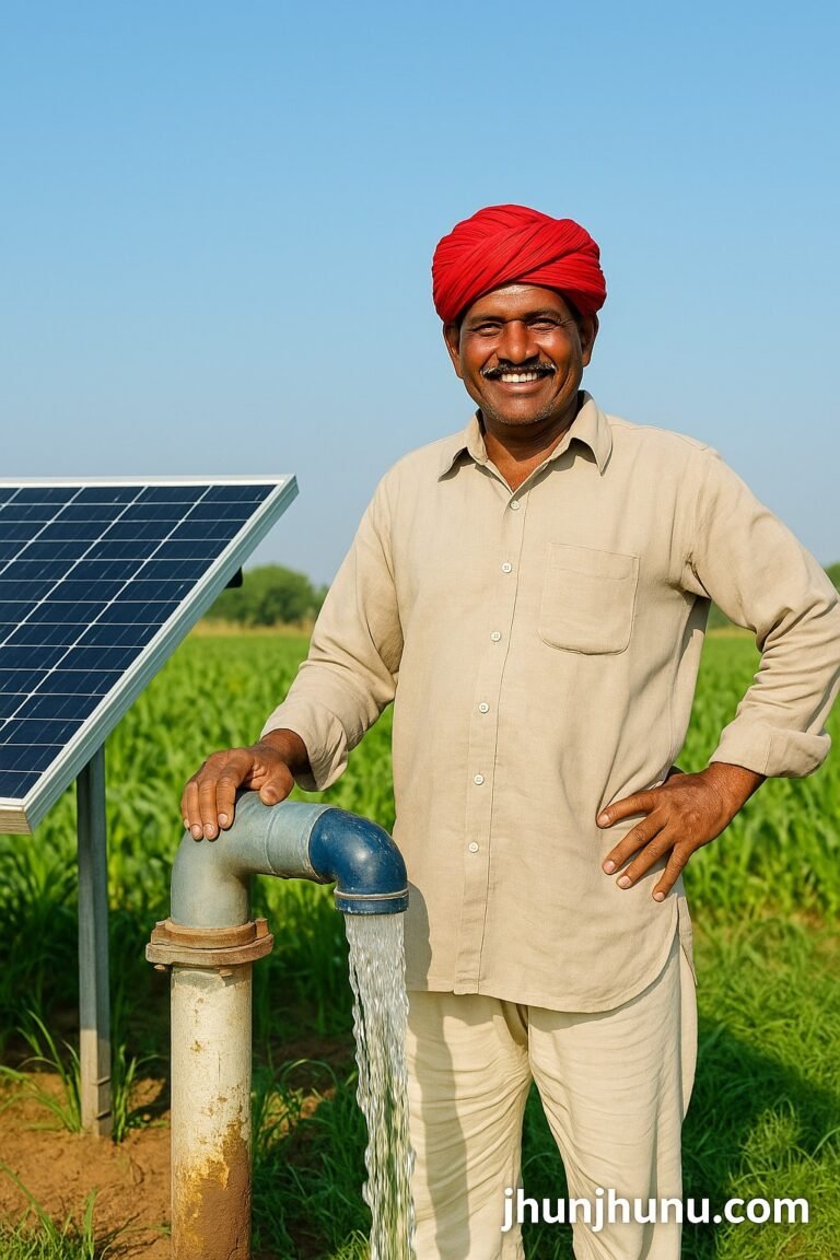 “राजस्थान का किसान खेत में सोलर पंप के पास खड़ा, पीछे सौर पैनल और हरे फसलें — पीएम कुसुम योजना के तहत ऊर्जा स्वतंत्रता का प्रतीक।”