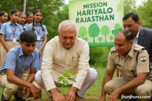 CM Bhajan Lal Sharma plants sapling with students at Sikar during Mission Hariyalo Rajasthan launch