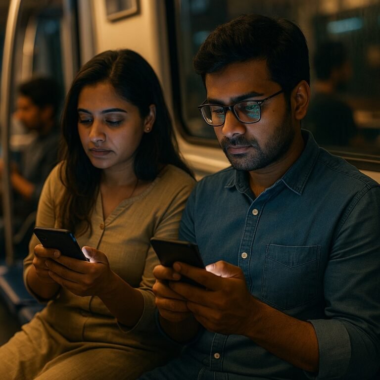 “भारतीय युवक और युवती मेट्रो यात्रा के दौरान मोबाइल फोन का उपयोग करते हुए — स्क्रीन की रौशनी और डिजिटल सक्रियता दर्शाते हुए”